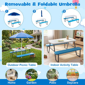 4 Person Kids Picnic Table Bench Set with Removable Umbrella, HDPE Tabletop & Metal Frame, Toddler Outdoor Furniture for Patio Backyard Garden
