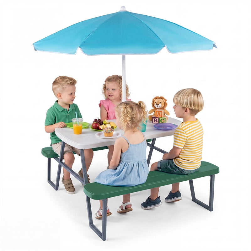 4 Person Kids Picnic Table Bench Set with Removable Umbrella, HDPE Tabletop & Metal Frame, Toddler Outdoor Furniture for Patio Backyard Garden