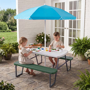 4 Person Kids Picnic Table Bench Set with Removable Umbrella, HDPE Tabletop & Metal Frame, Toddler Outdoor Furniture for Patio Backyard Garden
