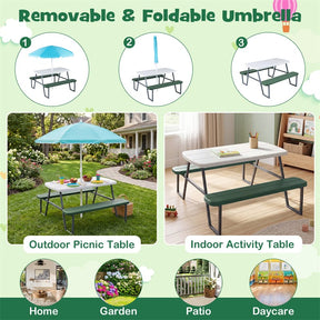 4 Person Kids Picnic Table Bench Set with Removable Umbrella, HDPE Tabletop & Metal Frame, Toddler Outdoor Furniture for Patio Backyard Garden