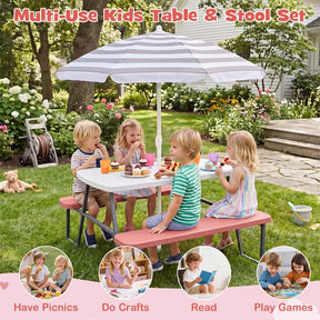 4 Person Kids Picnic Table Bench Set with Removable Umbrella, HDPE Tabletop & Metal Frame, Toddler Outdoor Furniture for Patio Backyard Garden