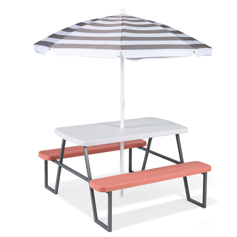 4 Person Kids Picnic Table Bench Set with Removable Umbrella, HDPE Tabletop & Metal Frame, Toddler Outdoor Furniture for Patio Backyard Garden