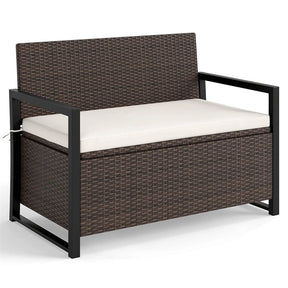 40 Gallon Outdoor Wicker Storage Bench with Cushion & Cover, Metal Frame Patio Deck Box Seat, Rattan Loveseat for Garden, Poolside