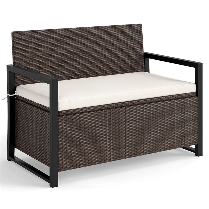 40 Gallon Outdoor Wicker Storage Bench with Cushion & Cover, Metal Frame Patio Deck Box Seat, Rattan Loveseat for Garden, Poolside