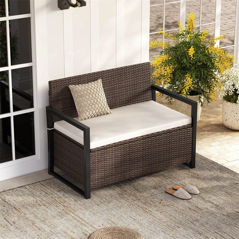 40 Gallon Outdoor Wicker Storage Bench with Cushion & Cover, Metal Frame Patio Deck Box Seat, Rattan Loveseat for Garden, Poolside