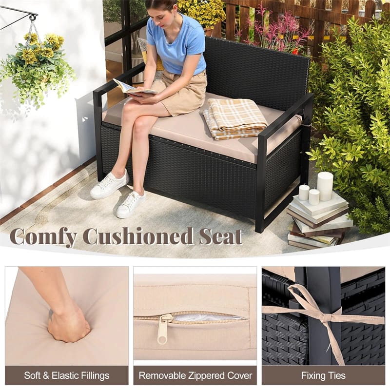 40 Gallon Outdoor Wicker Storage Bench with Cushion & Cover, Metal Frame Patio Deck Box Seat, Rattan Loveseat for Garden, Poolside