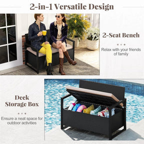 40 Gallon Outdoor Wicker Storage Bench with Cushion & Cover, Metal Frame Patio Deck Box Seat, Rattan Loveseat for Garden, Poolside