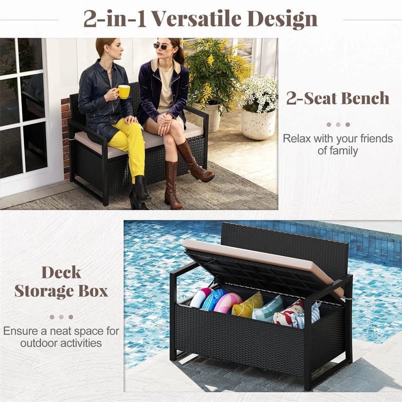 40 Gallon Outdoor Wicker Storage Bench with Cushion & Cover, Metal Frame Patio Deck Box Seat, Rattan Loveseat for Garden, Poolside