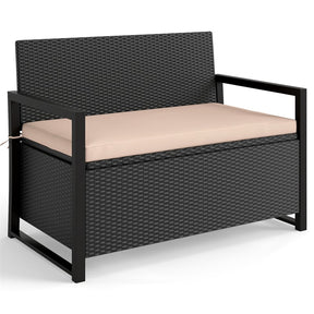 40 Gallon Outdoor Wicker Storage Bench with Cushion & Cover, Metal Frame Patio Deck Box Seat, Rattan Loveseat for Garden, Poolside