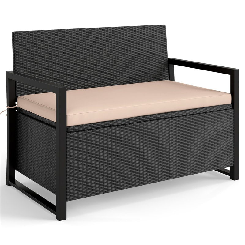 40 Gallon Outdoor Wicker Storage Bench with Cushion & Cover, Metal Frame Patio Deck Box Seat, Rattan Loveseat for Garden, Poolside
