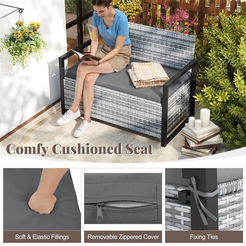 40 Gallon Outdoor Wicker Storage Bench with Cushion & Cover, Metal Frame Patio Deck Box Seat, Rattan Loveseat for Garden, Poolside