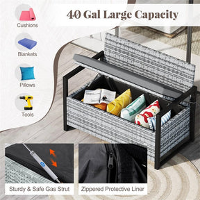 40 Gallon Outdoor Wicker Storage Bench with Cushion & Cover, Metal Frame Patio Deck Box Seat, Rattan Loveseat for Garden, Poolside