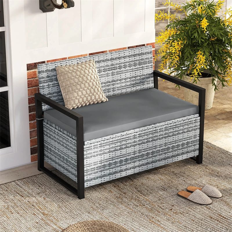 40 Gallon Outdoor Wicker Storage Bench with Cushion & Cover, Metal Frame Patio Deck Box Seat, Rattan Loveseat for Garden, Poolside