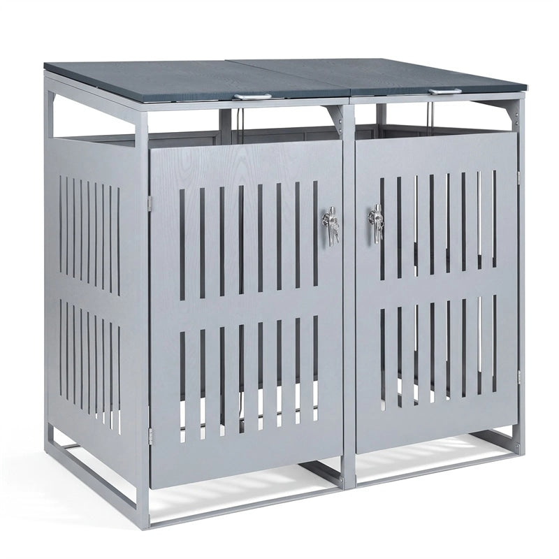 44 Cu.Ft Outdoor Trash Can Storage Shed for 2 Bins, Metal Garbage Can Organizer with Gas Struts, Shock Absorbers, Lockable Doors & Slant-Roof