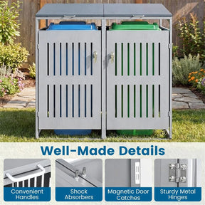 44 Cu.Ft Outdoor Trash Can Storage Shed for 2 Bins, Metal Garbage Can Organizer with Gas Struts, Shock Absorbers, Lockable Doors & Slant-Roof