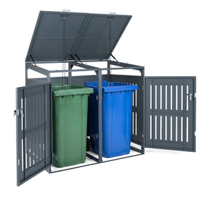 44 Cu.Ft Outdoor Trash Can Storage Shed for 2 Bins, Metal Garbage Can Organizer with Gas Struts, Shock Absorbers, Lockable Doors & Slant-Roof