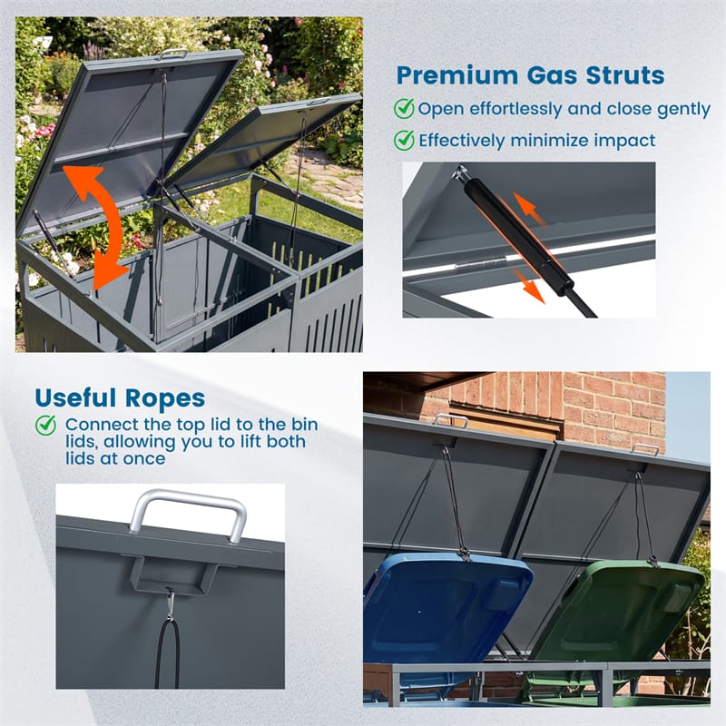 44 Cu.Ft Outdoor Trash Can Storage Shed for 2 Bins, Metal Garbage Can Organizer with Gas Struts, Shock Absorbers, Lockable Doors & Slant-Roof