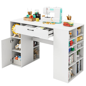 53" Counter Height Sewing Craft Table with 14 Storage Cubes, Large Drawer, Cabinet & Adjustable Shelf, 36" Artwork Workstation Drafting Writing Desk