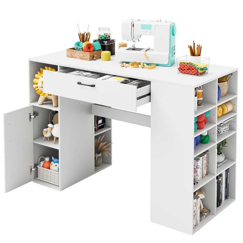 53" Counter Height Sewing Craft Table with 14 Storage Cubes, Large Drawer, Cabinet & Adjustable Shelf, 36" Artwork Workstation Drafting Writing Desk