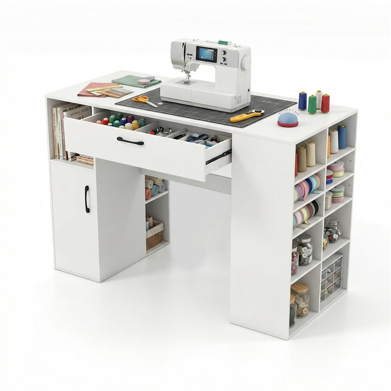 53" Counter Height Sewing Craft Table with 14 Storage Cubes, Large Drawer, Cabinet & Adjustable Shelf, 36" Artwork Workstation Drafting Writing Desk