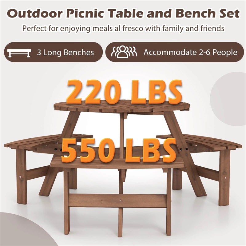 6-Person Round Wood Picnic Table Set with 3 Built-in Benches & 2" Umbrella Hole, Holds 1850 LBS, Outdoor Dining Table & Bench for Patio Garden