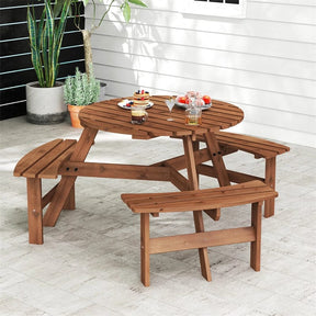 6-Person Round Wood Picnic Table Set with 3 Built-in Benches & 2" Umbrella Hole, Holds 1850 LBS, Outdoor Dining Table & Bench for Patio Garden