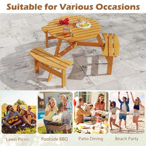 6-Person Round Wood Picnic Table Set with 3 Built-in Benches & 2" Umbrella Hole, Holds 1850 LBS, Outdoor Dining Table & Bench for Patio Garden