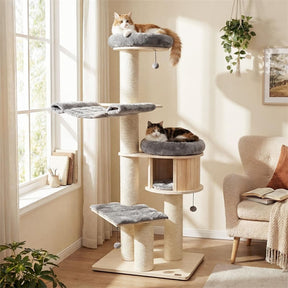 69" Tall Cat Tree, Multi-Level Wooden Cat Tower Condo with Sisal Posts, Modern Big Cat Activity Tree