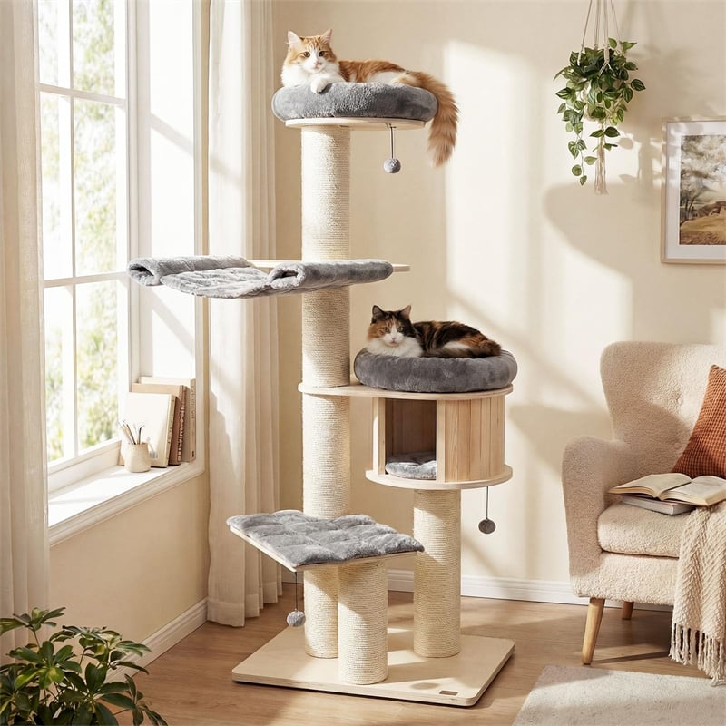 69" Tall Cat Tree, Multi-Level Wooden Cat Tower Condo with Sisal Posts, Modern Big Cat Activity Tree