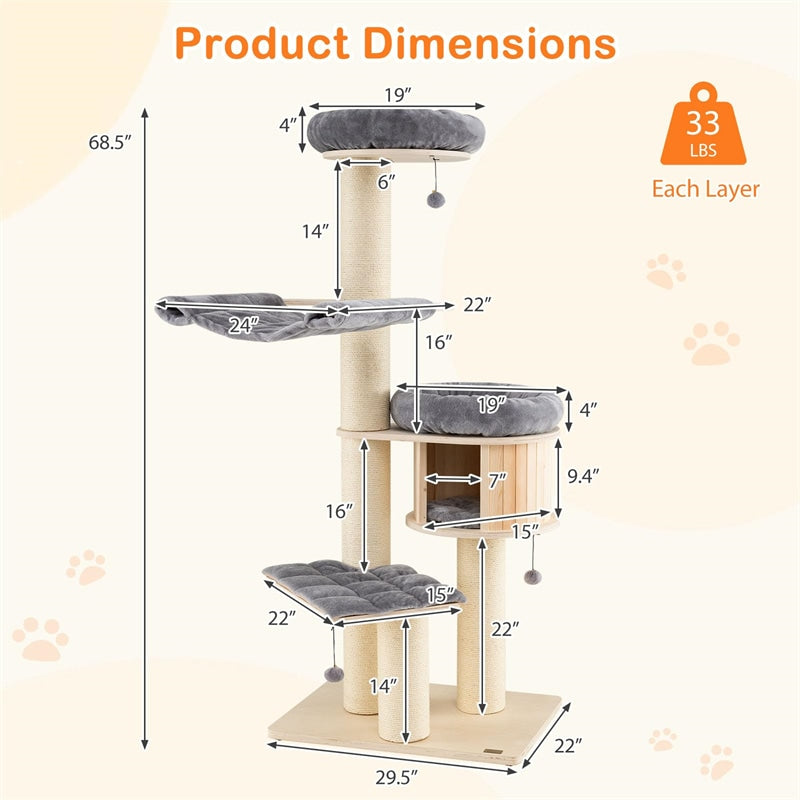 69" Tall Cat Tree, Multi-Level Wooden Cat Tower Condo with Sisal Posts, Modern Big Cat Activity Tree