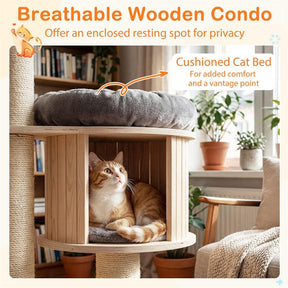 69" Tall Cat Tree, Multi-Level Wooden Cat Tower Condo with Sisal Posts, Modern Big Cat Activity Tree