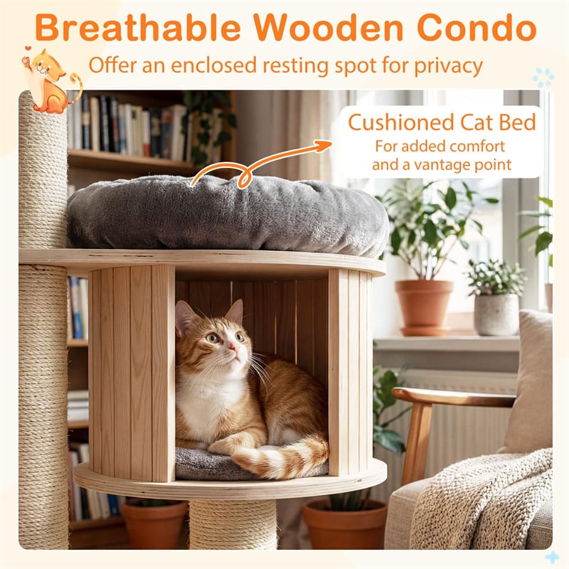 69" Tall Cat Tree, Multi-Level Wooden Cat Tower Condo with Sisal Posts, Modern Big Cat Activity Tree