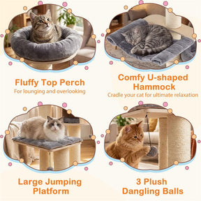 69" Tall Cat Tree, Multi-Level Wooden Cat Tower Condo with Sisal Posts, Modern Big Cat Activity Tree