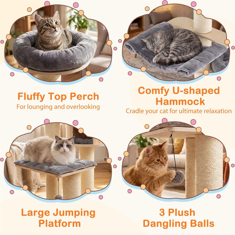 69" Tall Cat Tree, Multi-Level Wooden Cat Tower Condo with Sisal Posts, Modern Big Cat Activity Tree