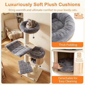 69" Tall Cat Tree, Multi-Level Wooden Cat Tower Condo with Sisal Posts, Modern Big Cat Activity Tree