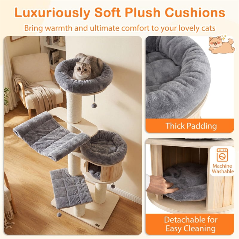 69" Tall Cat Tree, Multi-Level Wooden Cat Tower Condo with Sisal Posts, Modern Big Cat Activity Tree