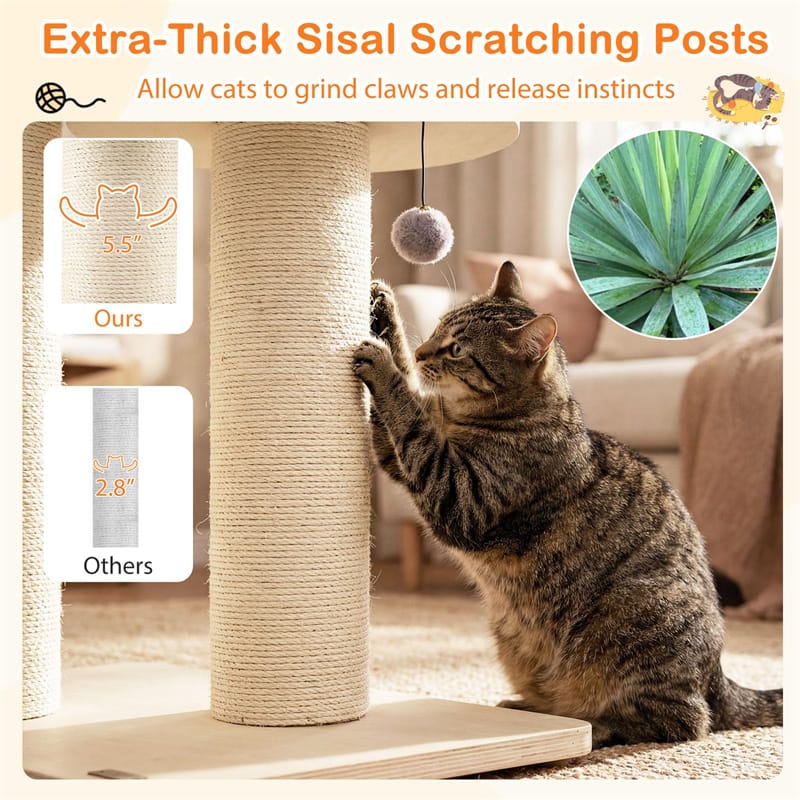 69" Tall Cat Tree, Multi-Level Wooden Cat Tower Condo with Sisal Posts, Modern Big Cat Activity Tree