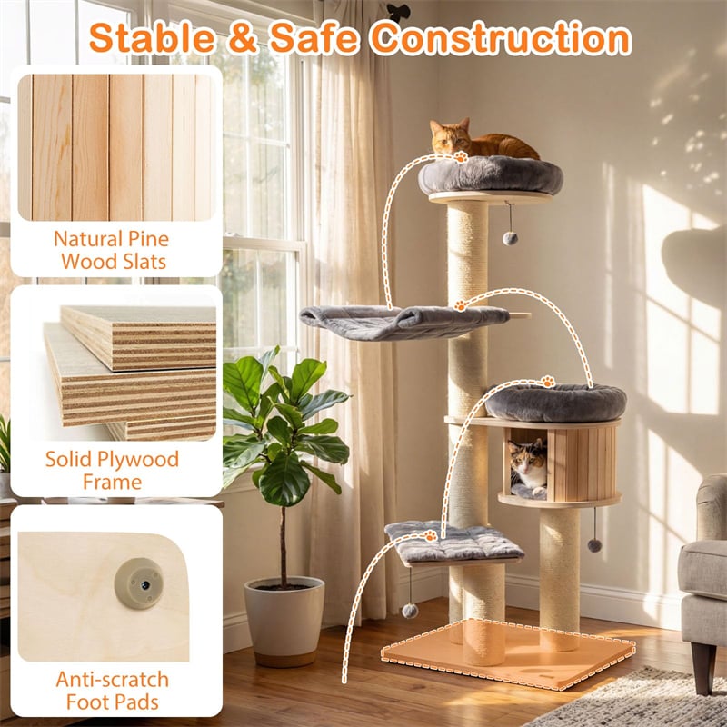 69" Tall Cat Tree, Multi-Level Wooden Cat Tower Condo with Sisal Posts, Modern Big Cat Activity Tree