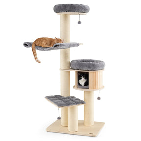 69" Tall Cat Tree, Multi-Level Wooden Cat Tower Condo with Sisal Posts, Modern Big Cat Activity Tree