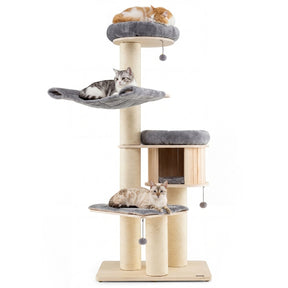 69" Tall Cat Tree, Multi-Level Wooden Cat Tower Condo with Sisal Posts, Modern Big Cat Activity Tree