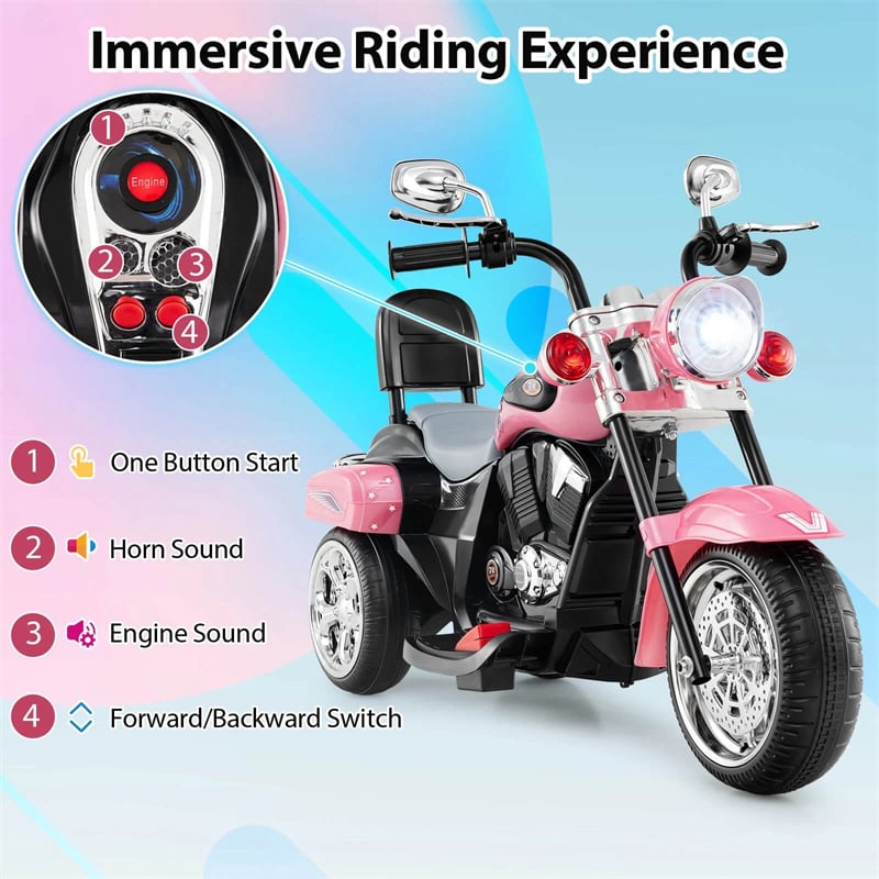 3 Wheel Kids Ride on Chopper-Style Motorcycle, 6V Battery Powered Kids Motorbike Trike Toy with Horn & Headlight