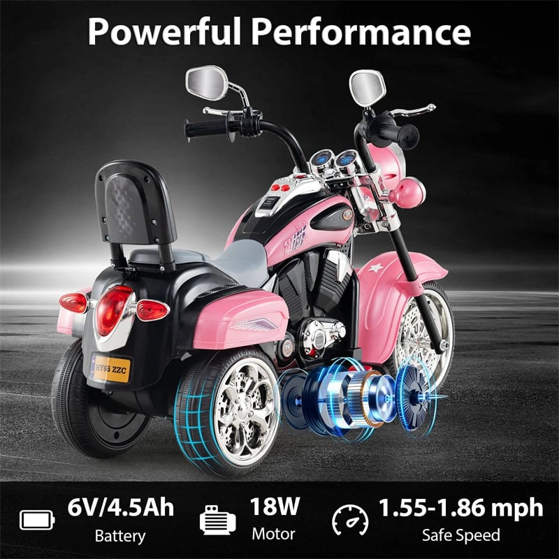 3 Wheel Kids Ride on Chopper-Style Motorcycle, 6V Battery Powered Kids Motorbike Trike Toy with Horn & Headlight