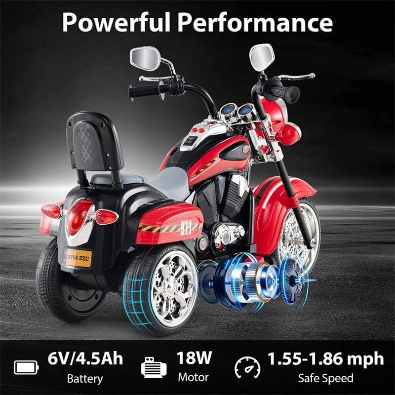 3 Wheel Kids Ride on Chopper-Style Motorcycle, 6V Battery Powered Kids Motorbike Trike Toy with Horn & Headlight