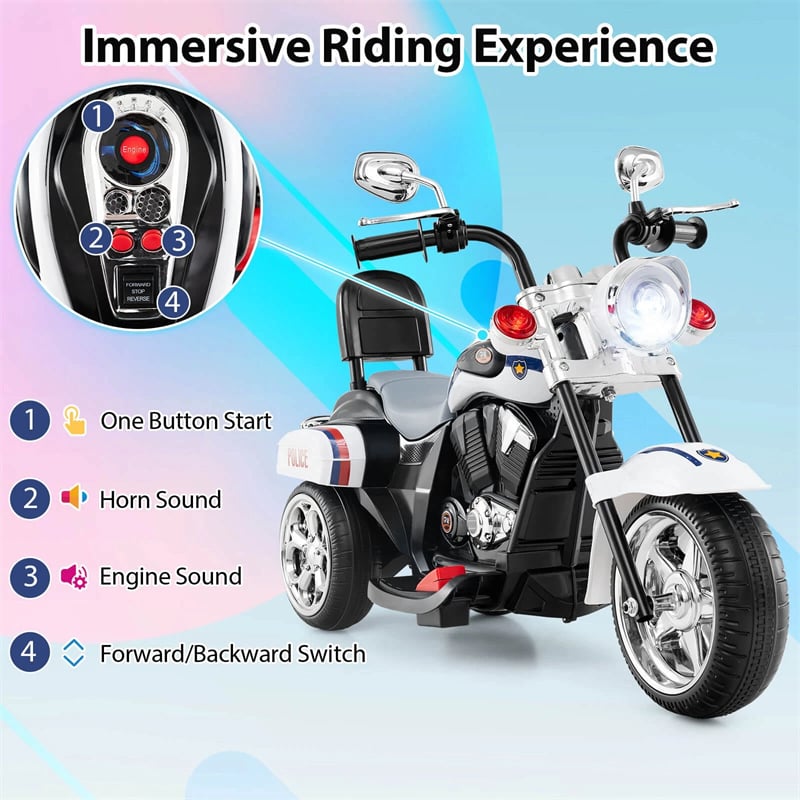 3 Wheel Kids Ride on Chopper-Style Motorcycle, 6V Battery Powered Kids Motorbike Trike Toy with Horn & Headlight