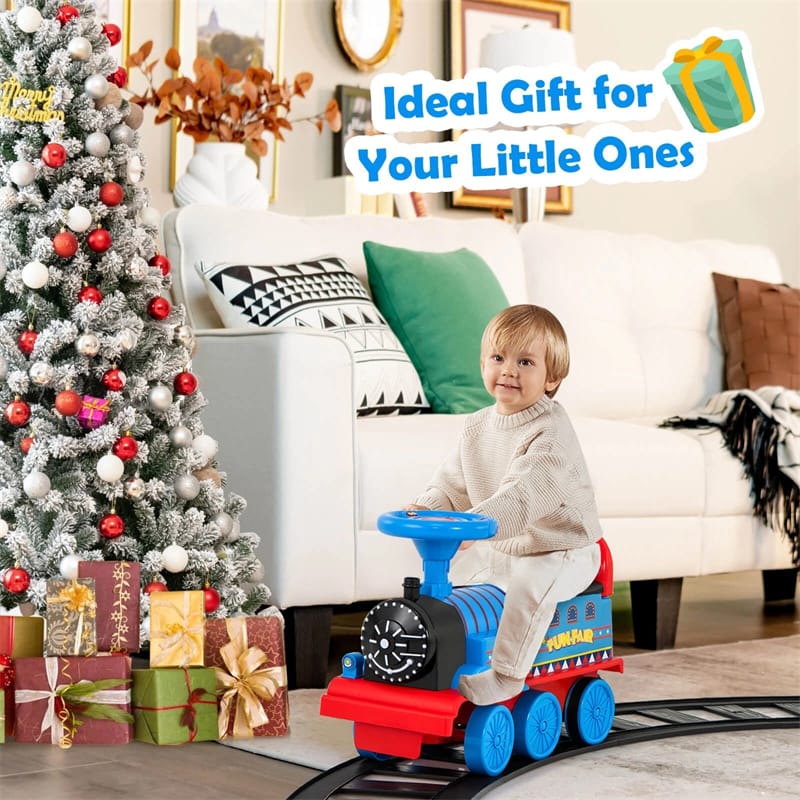 6V Electric Kids Ride on Train with 16PCS Tracks, Battery Powered Motorized Toy Train with 6 Wheels, Storage Seat, Lights & Music for Toddlers