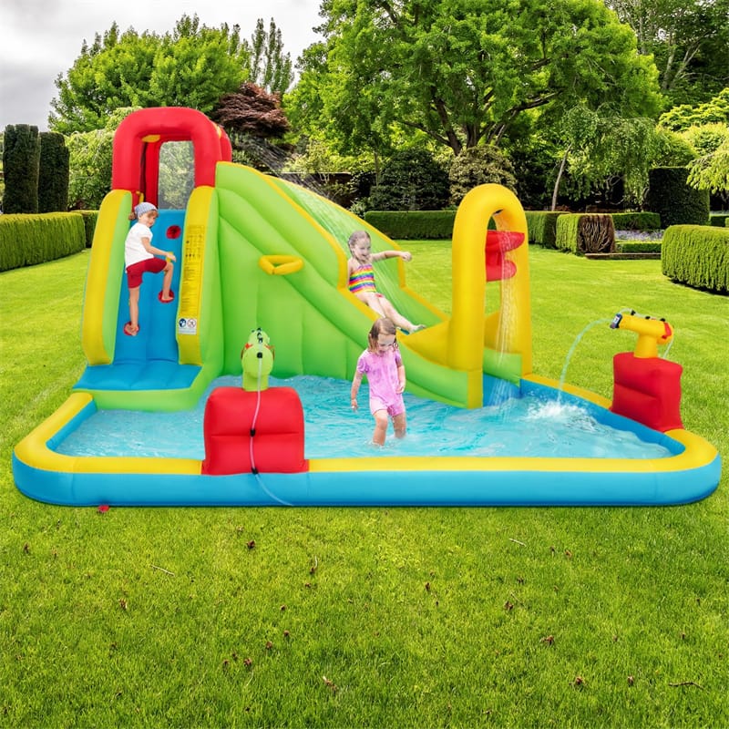 7-in-1 Inflatable Water Slide Park, Kids Blow Up Bounce House with Slide, Splash Pool, Climbing Wall & Water Cannons for Backyard