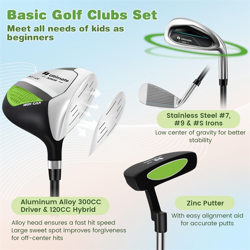 7 Piece Junior Complete Golf Club Set for Kids Age 11-13 Right Hand, Children Golf Clubs with #1 Driver #4 Hybrid #7/9/S Irons Putter Stand Bag