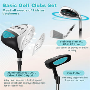 7 Piece Junior Complete Golf Club Set for Kids Age 11-13 Right Hand, Children Golf Clubs with #1 Driver #4 Hybrid #7/9/S Irons Putter Stand Bag