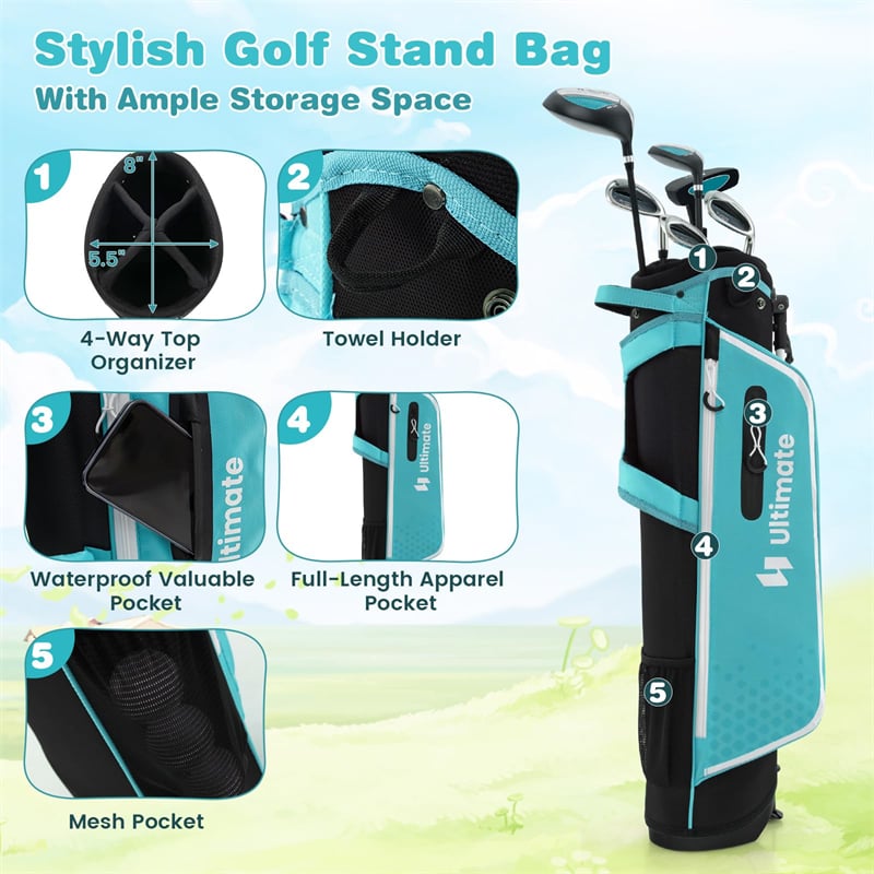 7 Piece Junior Complete Golf Club Set for Kids Age 11-13 Right Hand, Children Golf Clubs with #1 Driver #4 Hybrid #7/9/S Irons Putter Stand Bag