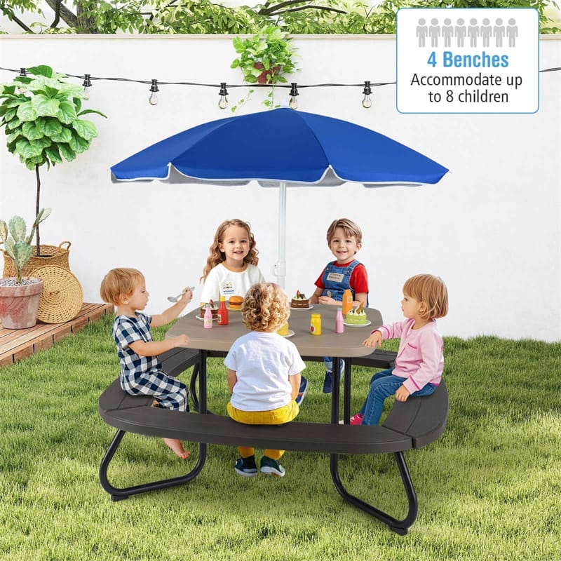 8-Person Kids Picnic Table Bench Set with Removable & Foldable Umbrella, Toddler Outdoor HDPE Activity Table and Chair Set for Backyard Patio